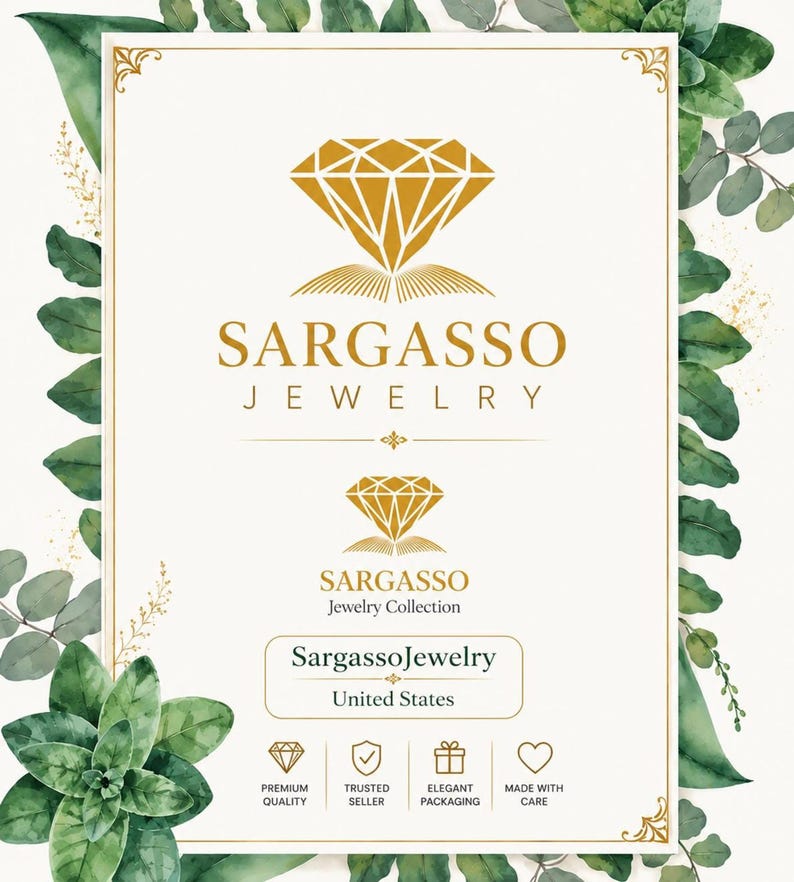 Packaging card for Sargasso Jewelry with a gold diamond logo, elegant gold frame, and green leafy border, promoting custom name ring.