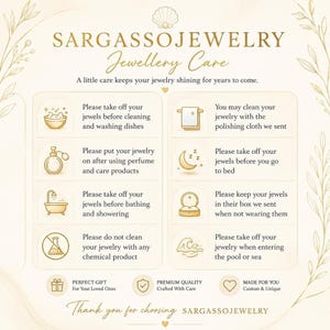 Sargasso Jewelry care guide card for silver custom name ring; beige background with care icons.