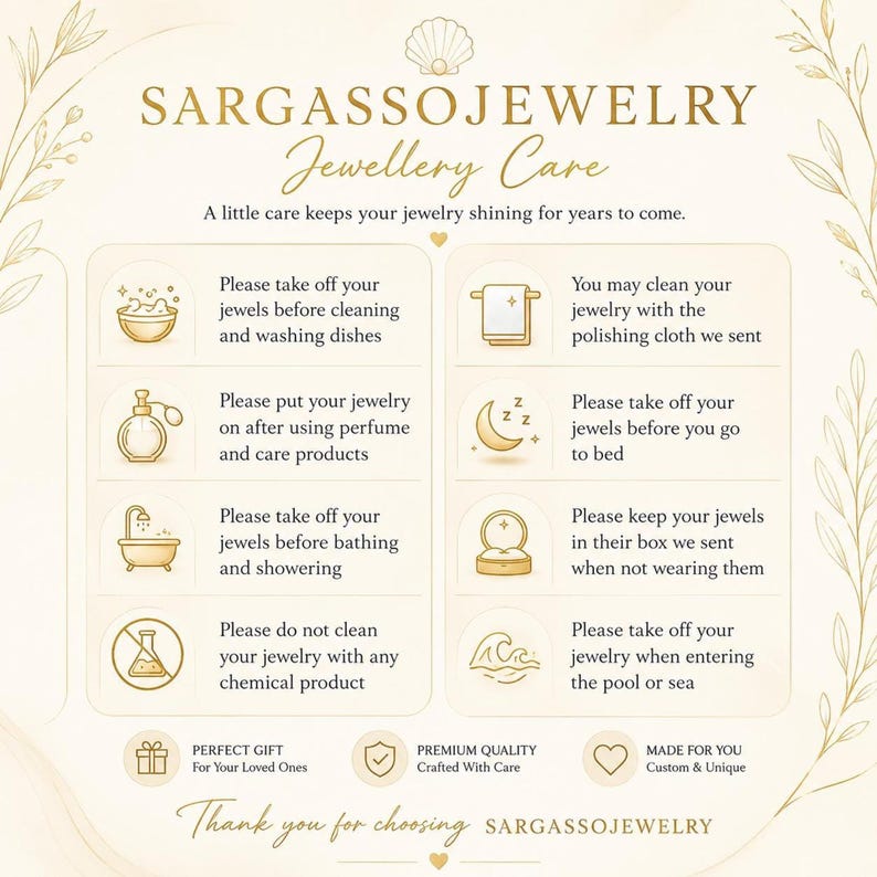 Sargasso Jewelry care guide card for silver custom name ring; beige background with care icons.