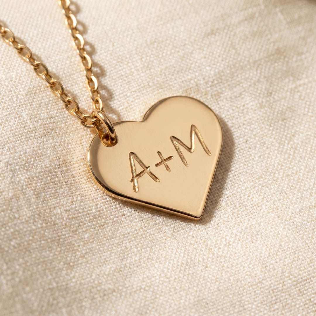 Ahm Initals 8K Solid Gold Dainty Engraved Heart Necklace: Personalized Initials ...