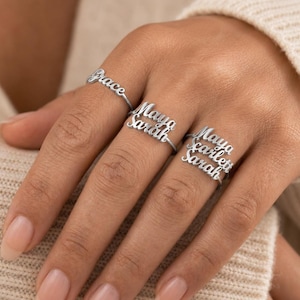 Personalized Multiple Names Ring: 925 Silver Handwriting Name Band, Stackable Silver Ring