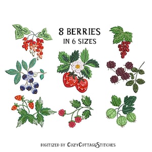 SUMMER BERRIES. 8 Embroidery Files. 6 sizes. Strawberry Blueberry Currant. Modern Cute Tiny Small Spring Digital Machine Design. 4x4 hoops.