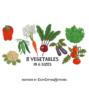 VERDURE. File da ricamo 6 misure. Carota Barbabietola Pomodoro Pisello Pisello Cavolo Cavolfiore Peperone. Design moderno e carino per macchina digitale. Telaio 4x4