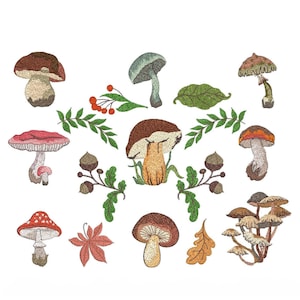 May include: A collection of embroidered mushroom designs in various colors and styles, including red and white, brown and white, and brown and orange. The mushrooms are surrounded by green leaves and acorns.