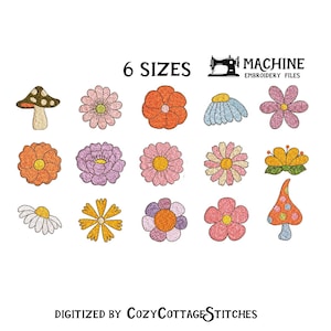 Puede incluir: Un conjunto de 12 diseños de bordado a máquina que presentan varias flores y hongos en un estilo retro. Los diseños están disponibles en 6 tamaños. El texto "MACHINE EMBROIDERY FILES" y "DIGITIZED BY COZYCOTTAGE STITCHES" también se incluye en la imagen.