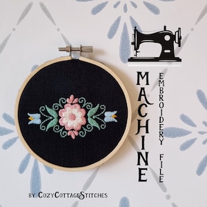 May include: A black embroidery hoop with a floral design embroidered in pink, green, and white. The hoop is on a white background with a blue and white pattern. The text "MACHINE EMBROIDERY FILE BY CozyCottageStitches" is written in black below the hoop.
