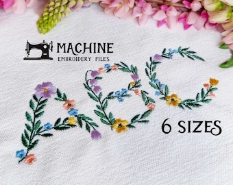 FLORAL FONT 6 sizes - Cottagecore Flower Letters. Uppercase ABC Alphabet. Birth Month Wild Meadow Digital Design Machine Embroidery File