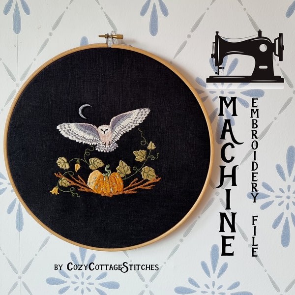 Embroidery File - Halloween Owl over Pumpkin - October Cozy Fairycore Cottagecore Magic Forest - Machine - PES, JEF, HUS, exp, vp3, xxx