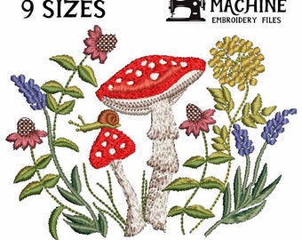 May include: Machine embroidery design featuring a red and white mushroom with white spots, a smaller red and white mushroom, a snail, and various green, purple, and yellow flowers. The design is titled "9 SIZES" and "MACHINE EMBROIDERY FILES".