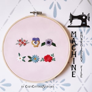 6 kleine bloemen 1"- viooltje, roos, anemoon, margriet, edelweiss, blauwe madeliefje - blauw en roze - modern schattig klein machineborduurwerkbestand