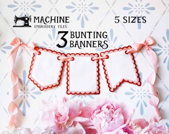 Scalloped banners ITH - 3 bunting flags - 5 sizes - MEGA Bundle - In the Hoop Cute Birthday Party Digital Design Machine Embroidery File