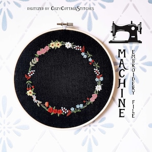 Summer Wreath - Forget-me-not, Cherry, Poppy, Daisy, Rose - Tiny Flowers - Cute Modern Cottagecore Floral Digital Machine Embroidery File