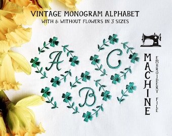 Vintage Handstitched Alphabet - 3 sizes. Easy Sentimental Tiny Floral Linen Font ABC Letters. Little Digital Design Machine Embroidery File