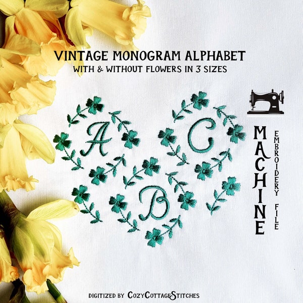 Vintage Handstitched Alphabet - 3 sizes. Easy Sentimental Tiny Floral Linen Font ABC Letters. Little Digital Design Machine Embroidery File
