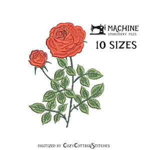 Classic Red Rose - 10 sizes. Garden Rosa Peony Flower Meadow Floral Bouquet Modern Cute Spring Summer Digital Design Machine Embroidery File