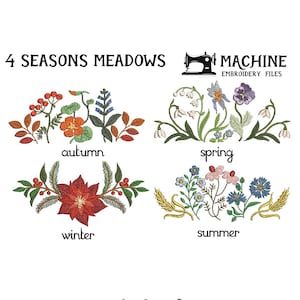 May include: Four embroidery designs for machine embroidery, each depicting a different season: spring with white flowers, summer with blue flowers, autumn with red and orange flowers, and winter with a poinsettia.