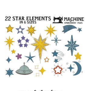 以下が含まれることがあります： 22種類の星モチーフ、6サイズ展開 マシン刺繍ファイル。さまざまな色とスタイルの22種類の星形刺繍デザインのセット。流れ星、三日月、UFOなどがあります。