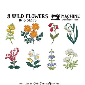 8 wilde Blumen. 6 Größen. Queen Ann's Lace Glockenblume Schmuckkörbchen Rossnessel Jumpseed Sommer Primrose. Digital Design Maschinenstickdatei