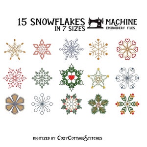 May include: 15 snowflake embroidery designs in 7 sizes. The designs feature various styles, including traditional snowflakes, snowflakes with hearts, and snowflakes with leaves. The designs are digitized by Cozy Cottage Stitches.