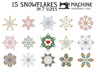 May include: 15 snowflake embroidery designs in 7 sizes. The designs feature various styles, including traditional snowflakes, snowflakes with hearts, and snowflakes with leaves. The designs are digitized by Cozy Cottage Stitches.