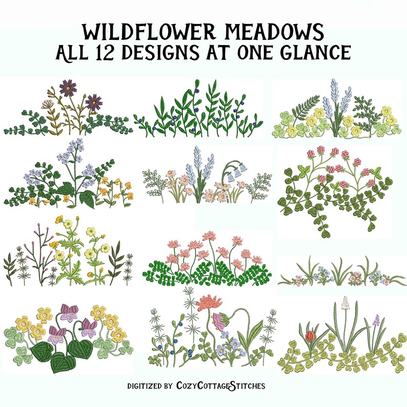 K&ouml;nnte beinhalten: Zw&ouml;lf Stickmuster mit verschiedenen Arrangements von Wildblumen, darunter Glockenblumen, Klee, G&auml;nsebl&uuml;mchen und andere Bl&uuml;ten. Die Designs tragen den Titel "Wildflower Meadows" und wurden von CozyCottageStitches digitalisiert.