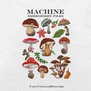 Fichiers de broderie machine Champignons. 15 fichiers en 6 tailles. Motif de broderie numérique Automne.