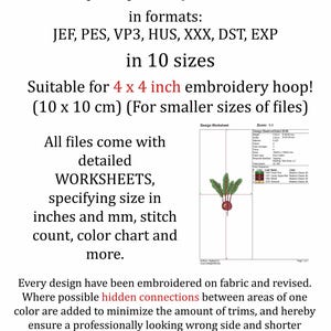 May include: Machine embroidery files by Cozy Cottage Stitches in JEF, PES, VP3, HUS, XXX, DST, EXP formats. Suitable for a 4 x 4 inch embroidery hoop (10 x 10 cm). All files come with detailed worksheets specifying size in inches and mm, stitch count, color chart and more.