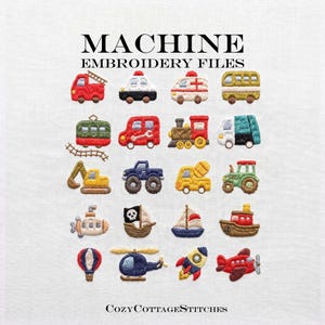 Peut inclure: Une collection de fichiers de broderie machine présentant vingt petites icônes brodées colorées de divers véhicules, dont un camion de pompiers, une ambulance, un train, un tracteur, un sous-marin, un voilier, une fusée et un avion, avec le texte MACHINE EMBROIDERY FILES et COZYCOTTAGESTITCHES.