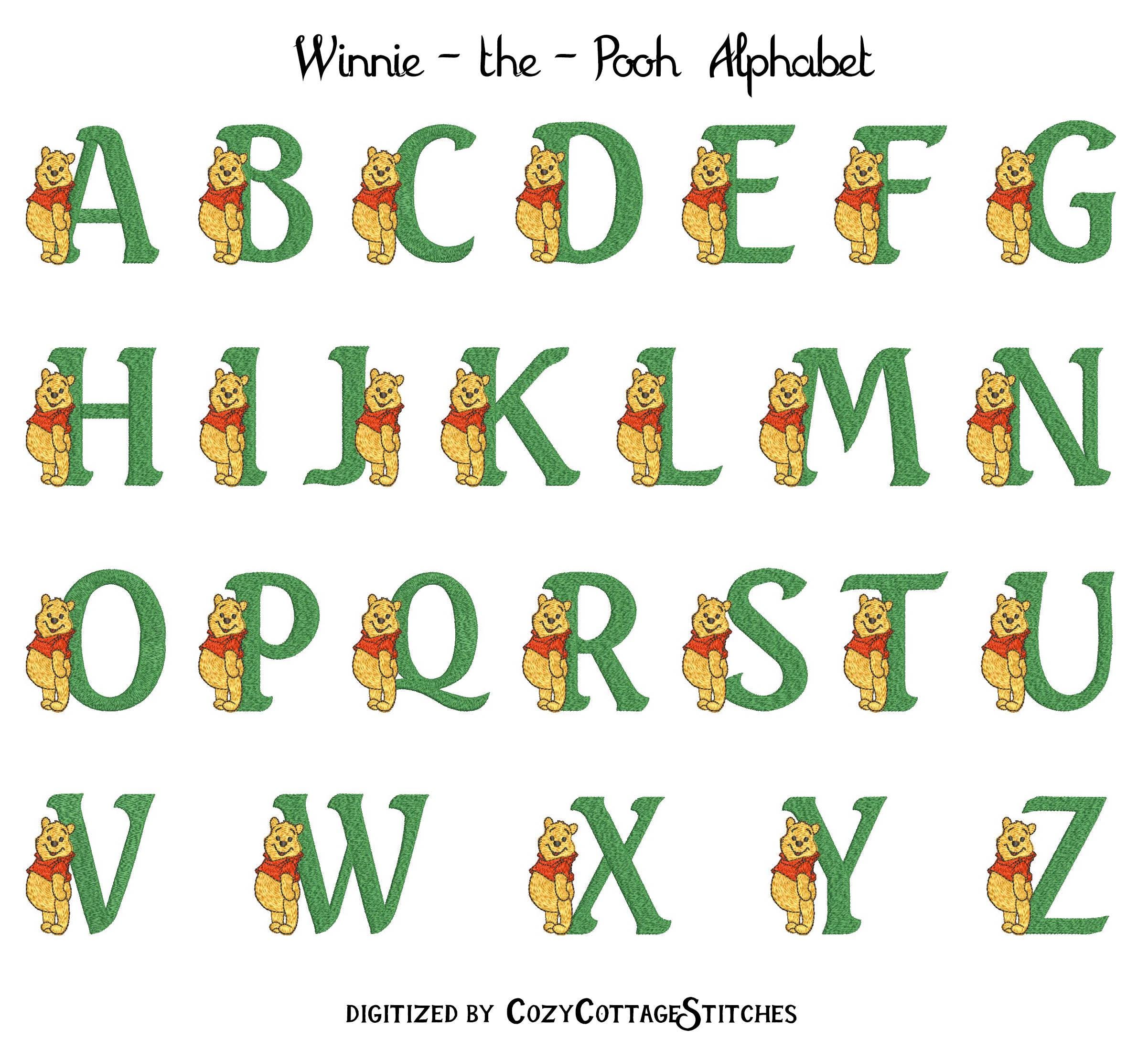 Winnie Lettering Winnie-the-pooh FONT. 7 Sizes. Uppercase Letters. ABC Alphabet. 4x4 ...