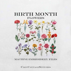 Geboortemaand bloemen. 22 bloemen in 4 maten. Digitaal ontwerp machineborduurbestand