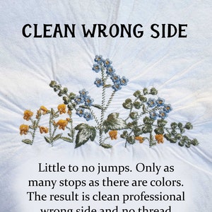K&ouml;nnte beinhalten: Nahaufnahme eines wei&szlig;en Stoffes mit gestickten Blumen in Blaut&ouml;nen, Gelb und Gr&uuml;n. Der Text "CLEAN WRONG SIDE" ist oben im Bild in Schwarz gedruckt. Der Text unter den Blumen lautet: "Little to no jumps. Only as many stops as there are colours. The result is clean professional wrong side and no thread "beards"."