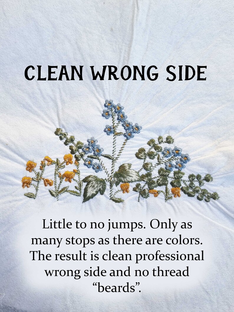 K&ouml;nnte beinhalten: Nahaufnahme eines wei&szlig;en Stoffes mit gestickten Blumen in Blaut&ouml;nen, Gelb und Gr&uuml;n. Der Text "CLEAN WRONG SIDE" ist oben im Bild in Schwarz gedruckt. Der Text unter den Blumen lautet: "Little to no jumps. Only as many stops as there are colours. The result is clean professional wrong side and no thread "beards"."
