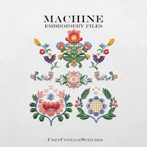 May include: Machine embroidery files featuring colorful floral motifs in red, pink, blue, yellow, and green threads. The design includes the text MACHINE EMBROIDERY FILES at the top and COZYCOTTAGESTITCHES at the bottom, all stitched on white fabric.