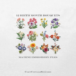 12 bouquets de fleurs pour le mois de naissance. 6 tailles. Bouquet floral. Printemps été. Fichier de broderie Machine de conception numérique. Arceaux 4x4