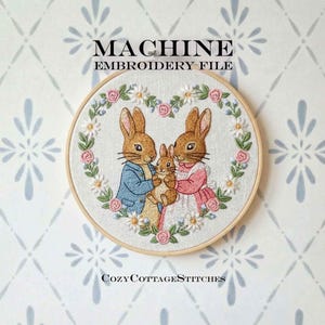 Bunny Family in Floral Wreath. Peter Rabbits with a Baby. 6 sizes. Digital File for Machine Embroidery. 4x4 hoop
