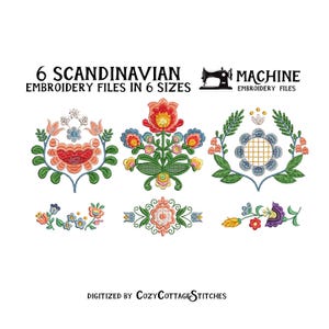 May include: Six Scandinavian embroidery designs featuring floral motifs in various colours, including red, orange, yellow, blue, green, and purple. The designs are available in six sizes.