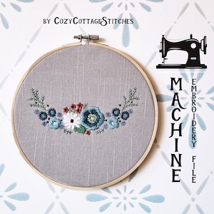 Embroidery File - Blue Poppy Collar - Floral Scandinavian Nordic Fairytale Cottagecore Summer Modern Cute Blue Frame Machine Digital Design