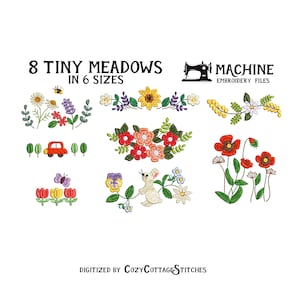 May include: Eight embroidery designs featuring tiny meadows with flowers, a bunny, a car, and a bee. The designs are available in six sizes. Machine embroidery files.