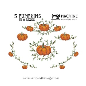 May include: Five embroidered pumpkin designs in six different sizes. The pumpkins are orange with green stems and leaves. The designs are perfect for fall crafts and decorations.