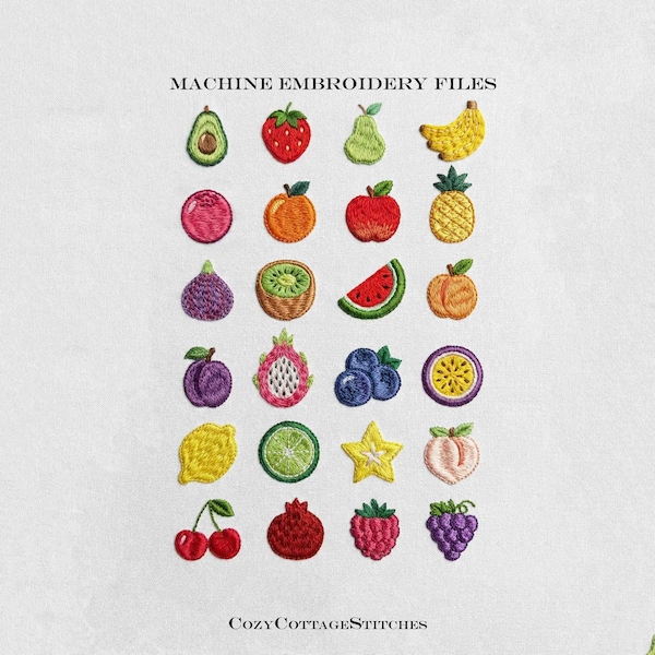 24 Frutas Mini. 6 tamaños. Mini bayas de verano modernas. Diseño digital. Archivo de bordado a máquina.