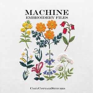 Peut inclure: Fichiers de broderie machine présentant une collection de motifs floraux colorés. Le texte indique MACHINE EMBROIDERY FILES en haut et COZYCOTTAGESTITCHES en bas. Les fleurs incluent des pétales jaunes, orange, rouges, blancs et bleus.