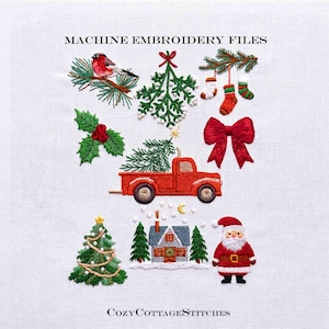 Paquete de diseños de bordado a máquina navideños, 9 mini patrones de invierno, muérdago, árbol de Navidad, archivos de adornos.
