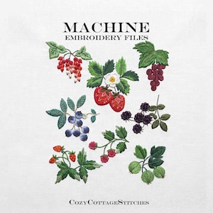 Puede incluir: Archivos de bordado a máquina con una colección de diseños de frutas coloridas que incluyen fresas rojas, arándanos, moras, frambuesas, grosellas rojas, uvas y grosellas verdes con hojas verdes y el texto MACHINE EMBROIDERY FILES.