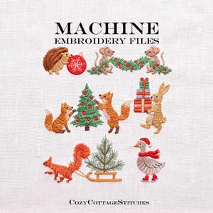 Könnte beinhalten: Maschinenstickdateien mit Waldtieren und weihnachtlichen Motiven. Die Designs zeigen einen Igel mit roter Kugel, Mäuse mit Girlande, einen Fuchs beim Baumschmücken, einen Hasen mit Geschenken, ein Eichhörnchen mit Schlitten und eine Gans.