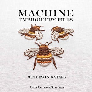 Tiny Bee Machine Embroidery Design. 3 Cottagecore Bumblebees in 6 Sizes. (Digital Embroidery File)
