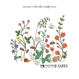 May include: Embroidered design featuring a whimsical garden scene with mushrooms, strawberries, flowers, a snail, and a mouse. The design is available in 8 sizes for machine embroidery.