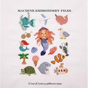 May include: Machine embroidery files featuring a collection of stitched designs including a mermaid, fish, airplane, narwhal, seagull, sunglasses, shells, lobster, palm tree, ice cream cone, clownfish, turtle, dolphin, and submarine with text.