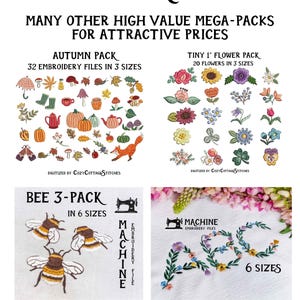 May include: A digital download of embroidery designs for a sewing machine. The designs include a pack of 32 autumn-themed embroidery files, a pack of 20 tiny flower embroidery files, and a pack of 3 bee embroidery files. The designs are available in multiple sizes.