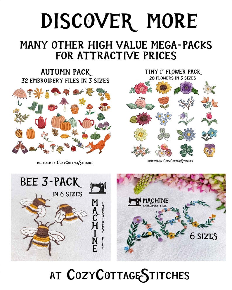 May include: A digital download of embroidery designs for a sewing machine. The designs include a pack of 32 autumn-themed embroidery files, a pack of 20 tiny flower embroidery files, and a pack of 3 bee embroidery files. The designs are available in multiple sizes.
