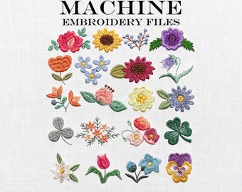 May include: A collection of twenty colorful machine embroidery designs featuring various flowers, leaves, and clover motifs arranged in a grid. The text MACHINE EMBROIDERY FILES appears at the top, and COZYCOTTAGESTITCHES is printed at the bottom.